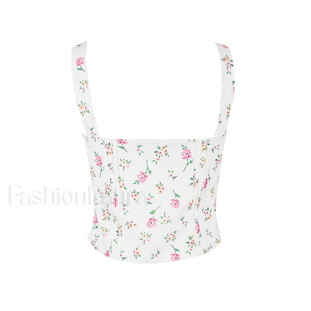 Fresh Tie Front Square Neck Frill Bustier Floral Printed Tank Top Pink Floral Tops