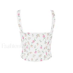 Fresh Tie Front Square Neck Frill Bustier Floral Printed Tank Top Pink Floral Tops