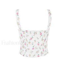Fresh Tie Front Square Neck Frill Bustier Floral Printed Tank Top Pink Floral Tops