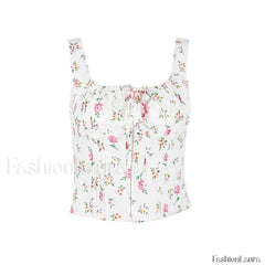 Fresh Tie Front Square Neck Frill Bustier Floral Printed Tank Top Pink Floral Tops