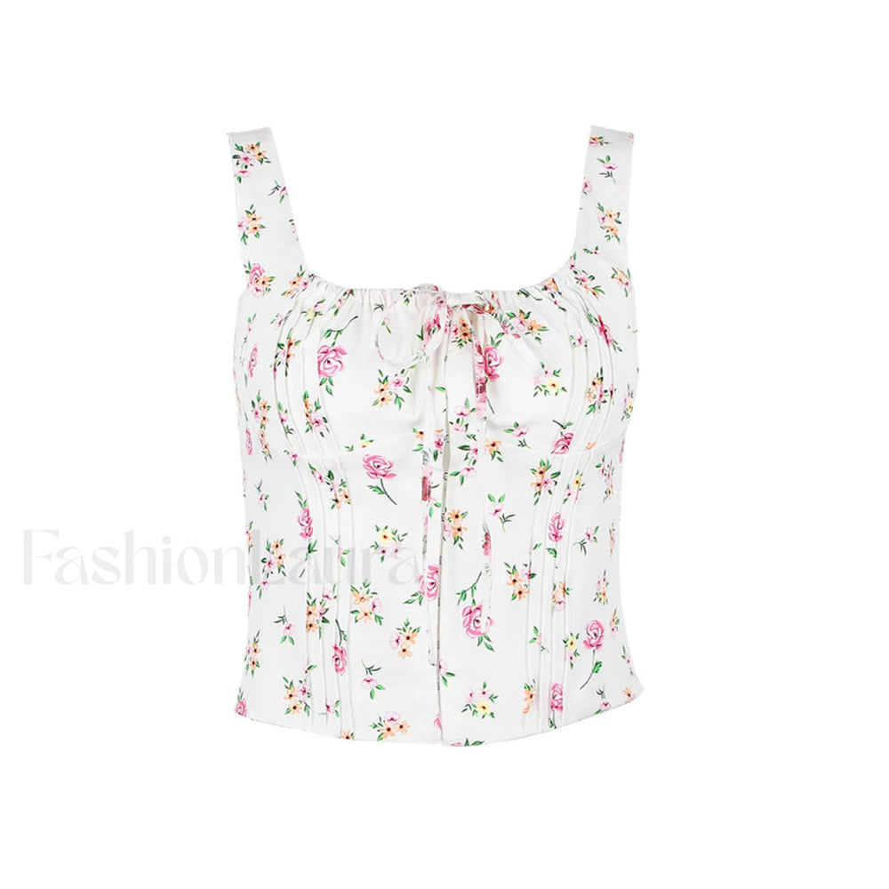 Fresh Tie Front Square Neck Frill Bustier Floral Printed Tank Top Pink Floral Tops