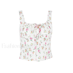 Fresh Tie Front Square Neck Frill Bustier Floral Printed Tank Top Pink Floral Tops