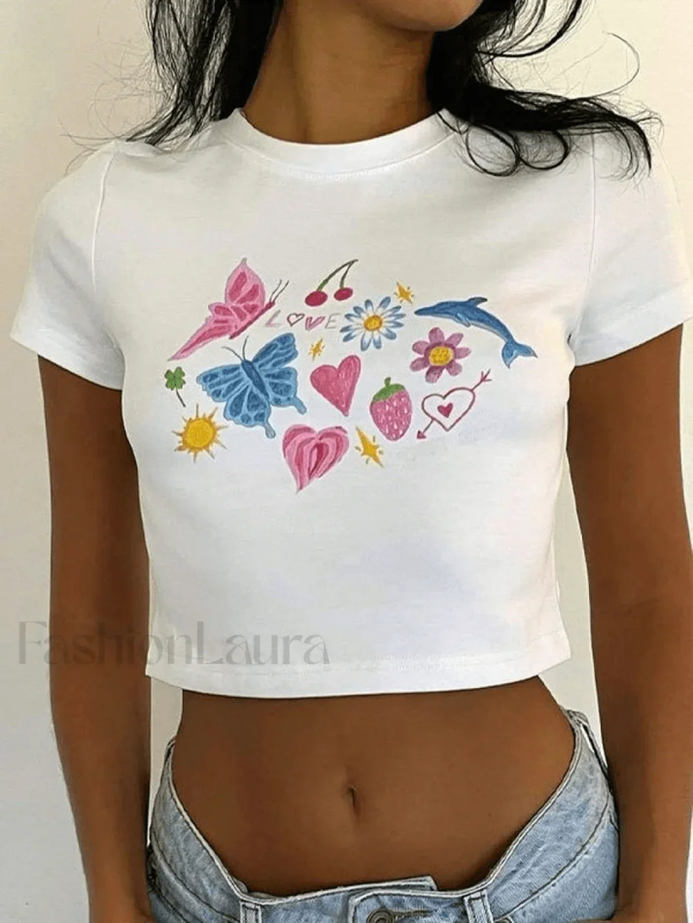 Fruity Butterfly Print Crop Top White / S Tops&Tees