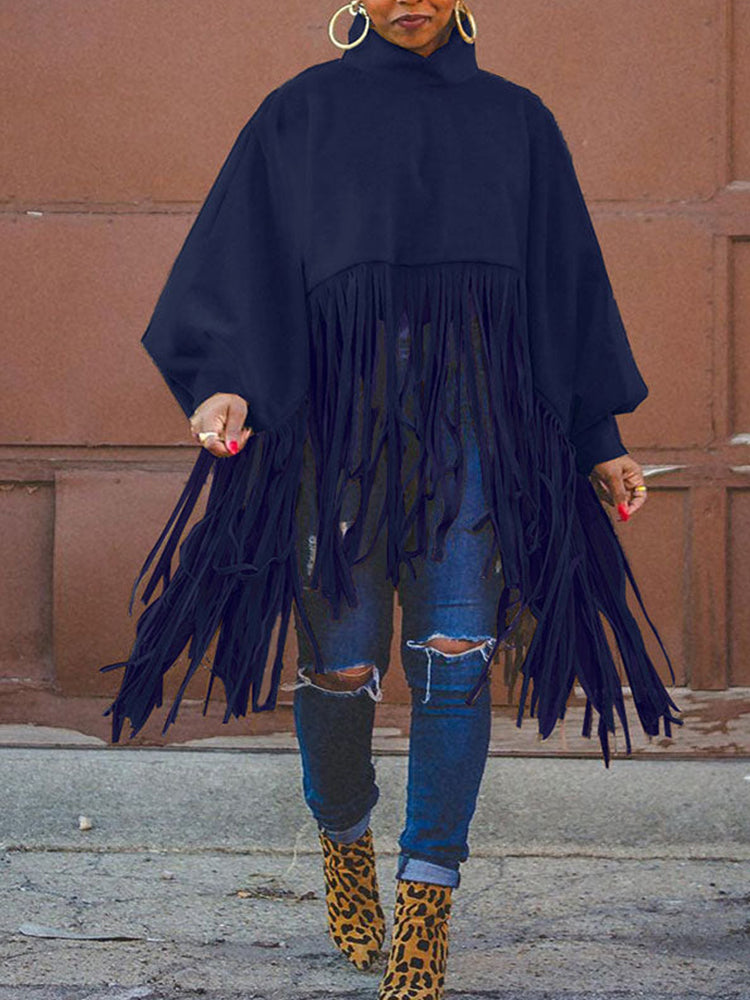 Solid Fringed Suede Top Navy Blue / L Sweatshirts & Hoodies L