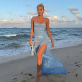 Gauze Hollow Split Straps Maxi Dress Blue / S