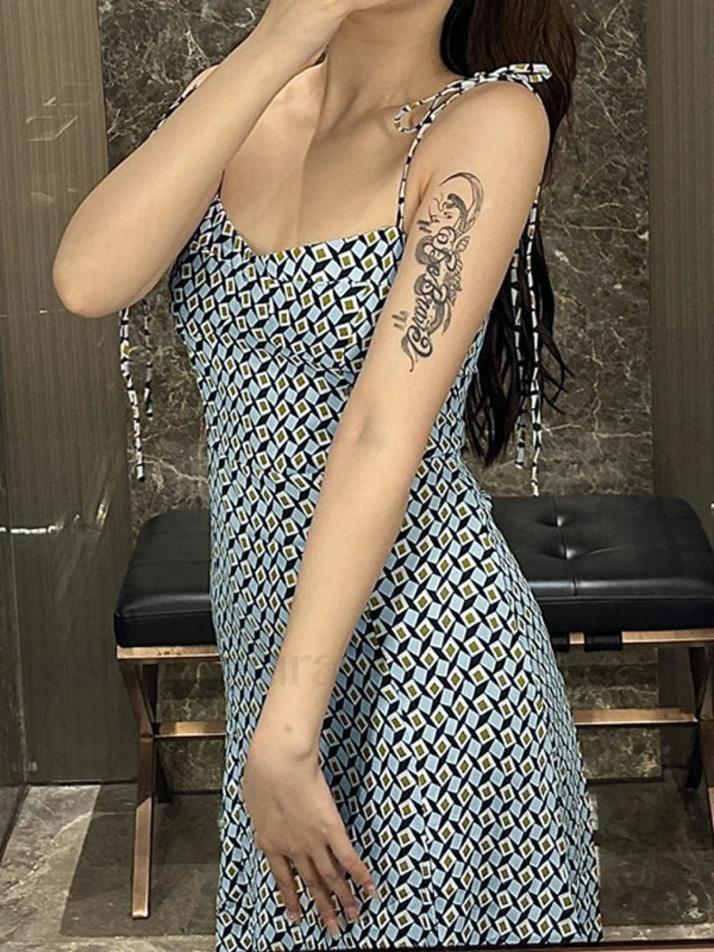 Geometric Tie Strap Split Maxi Dress Maxi Dresses