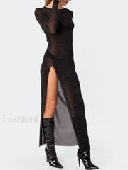 Glitter Mesh Split Long Sleeve Maxi Dress Midi Dresses