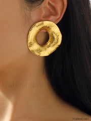 Gold Textured Metal Trendy Round Stud Earrings Golden / One Size Earrings