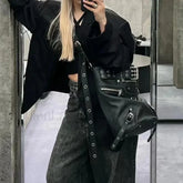 Gothic Big Metal Dark Chic Messenger Harajuku Cool Motobiker Rivets Volume Bag Black