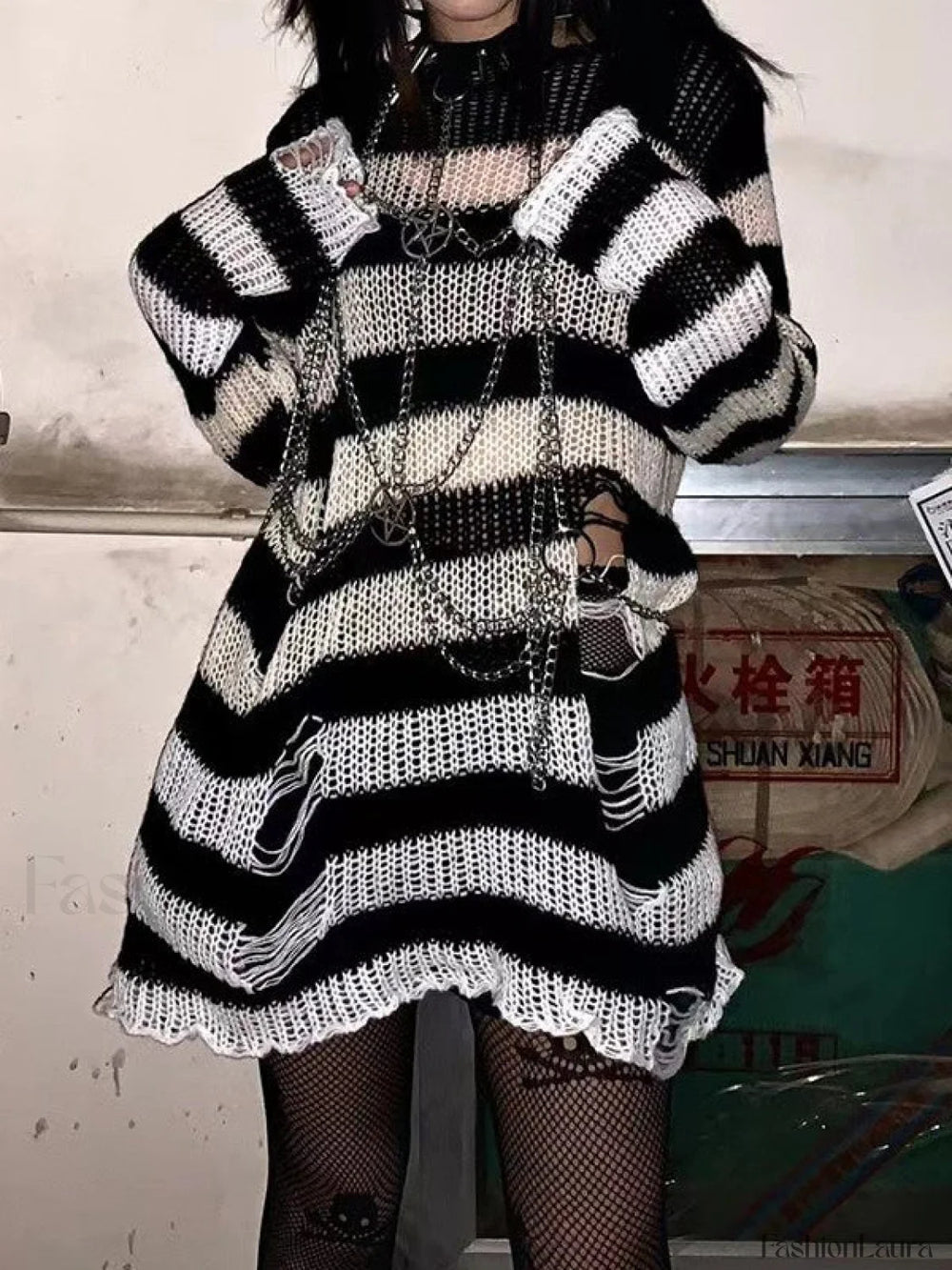 Gradient Striped Distressed Long Sleeve Mini Dress Black / ONE SIZE Mini Dresses