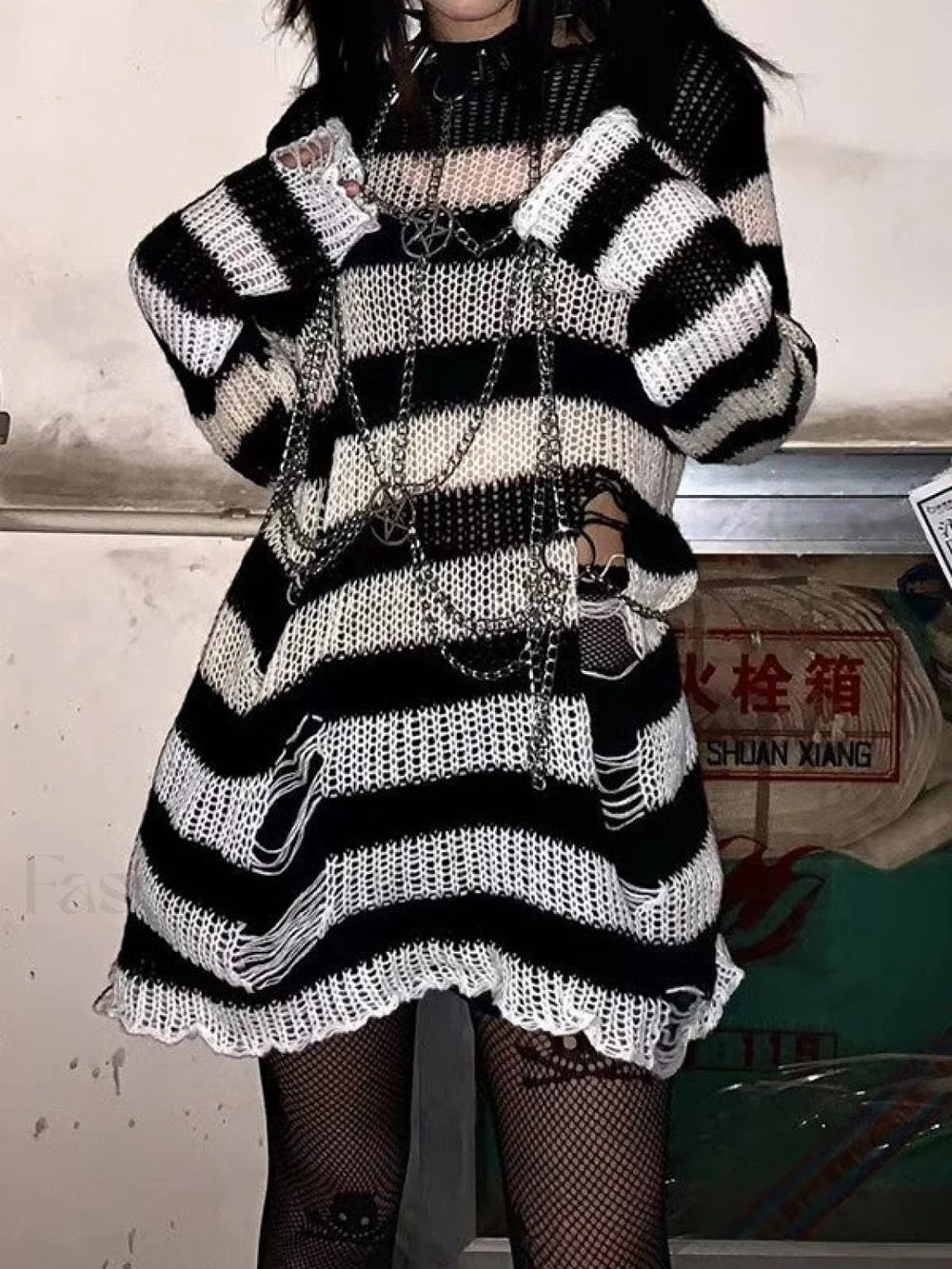 Gradient Striped Distressed Long Sleeve Mini Dress Black / ONE SIZE Mini Dresses