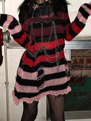 Gradient Striped Distressed Long Sleeve Mini Dress Red / ONE SIZE Mini Dresses