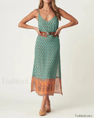Green Side Slit Rayon Boho Dress