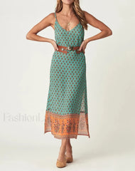 Green Side Slit Rayon Boho Dress