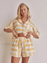 Half Sleeve Collar Pajama Shorts Two Piece Set