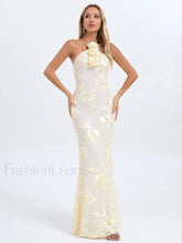 Halter 3D Flower Lace Maxi Dress Beige / XS
