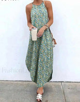 Halter Asymmetrical Boho Dress Green / XL