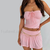 Halter Strapless Drawstring Crop Top Pleated Skirt Two Piece Set