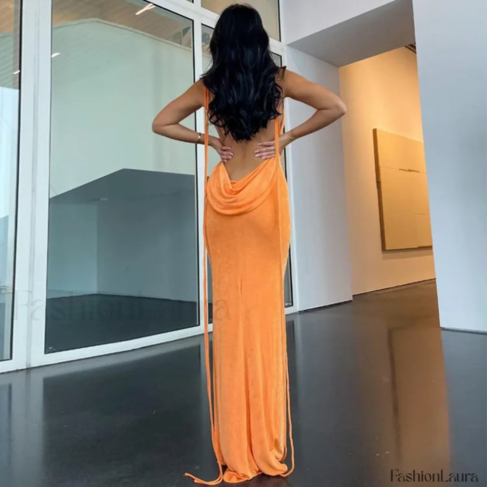 Halter Wrap Open Back Maxi Dress Orange / S