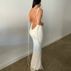 Halter Wrap Open Back Maxi Dress WHITE / S