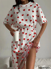 Heart Mesh Patchwork Cotton T Shirt White dress(Belt) / M