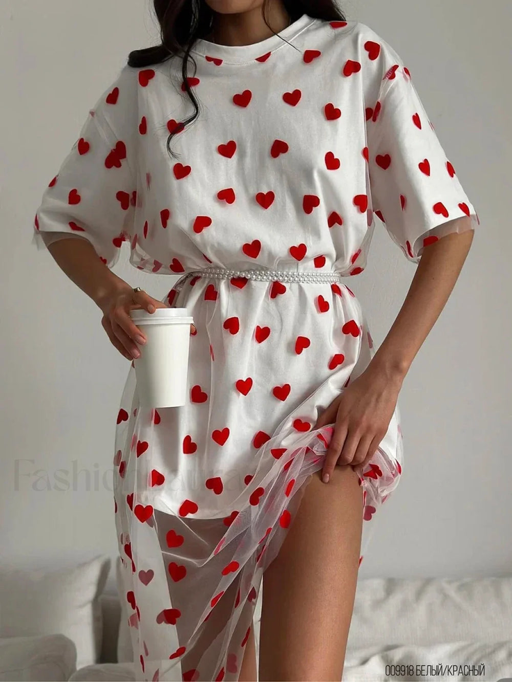 Heart Mesh Patchwork Cotton T Shirt White dress(Belt) / M