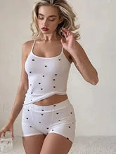 Heart Print Ribbed Tank Top Skinny Shorts Two Piece Set
