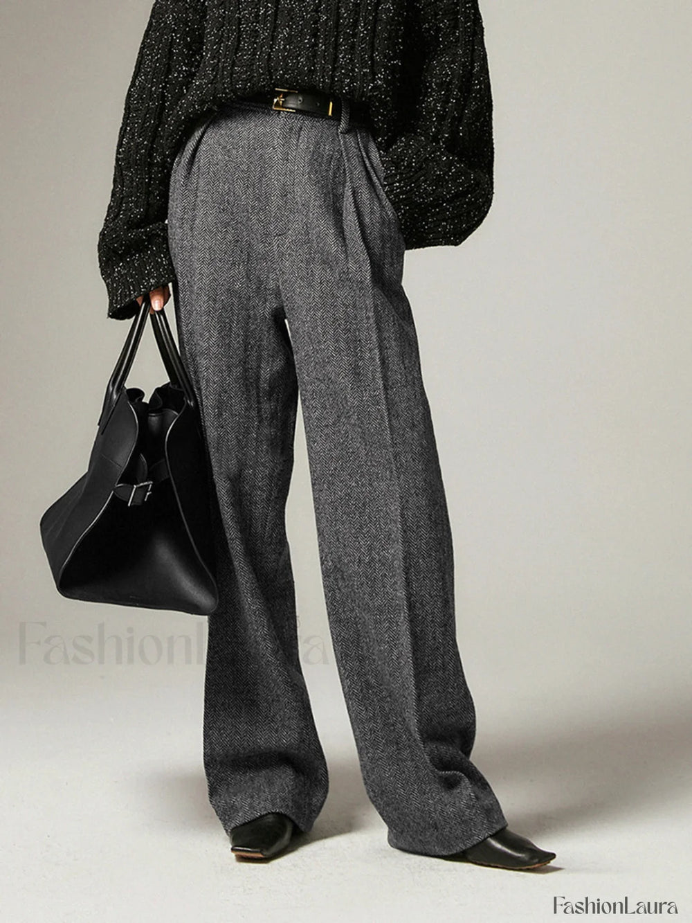 Herringbone Pockets Wide Trendy Leg Dress Pants Grey / XS Pants