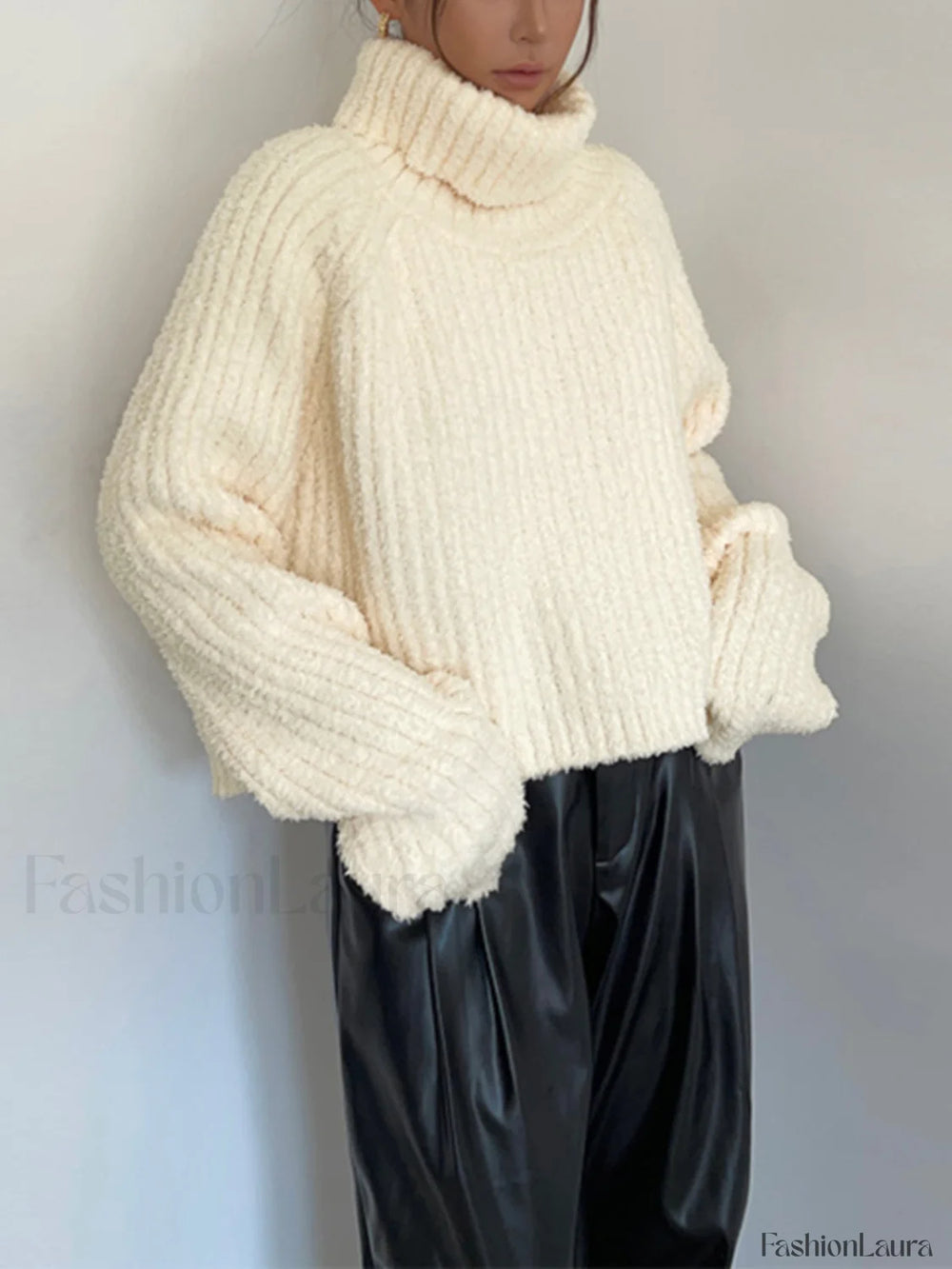 High Neck Graceful Ribbed Knit Sweater Sweaters L