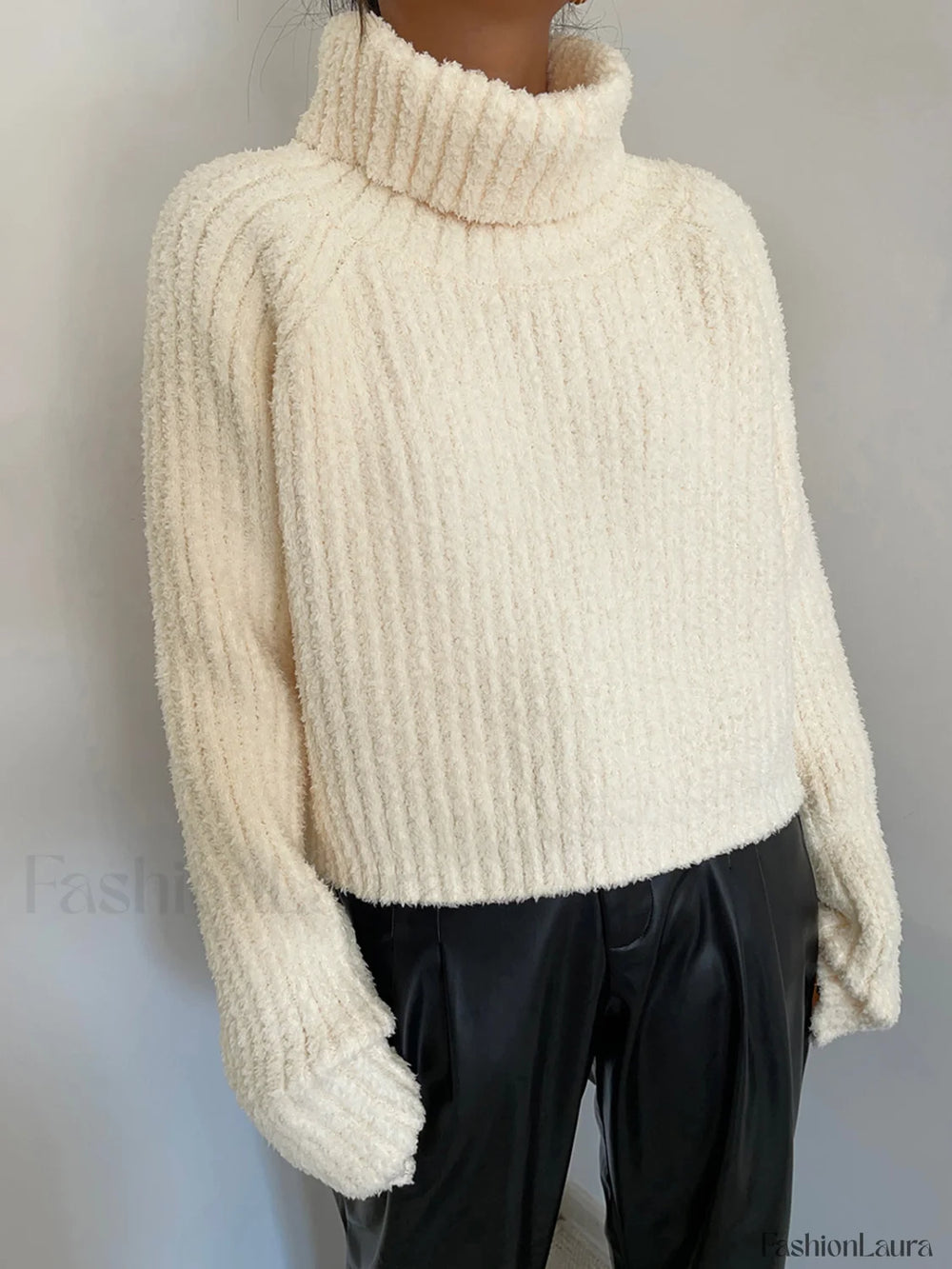 High Neck Graceful Ribbed Knit Sweater Sweaters L