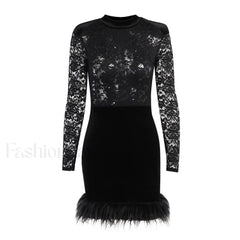 High Neck Long Sleeve Floral Lace Panel Trim Mini Dress Black Party Dresses L