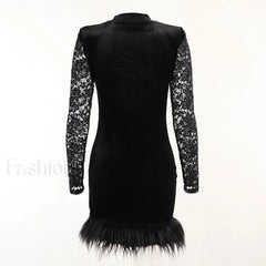 High Neck Long Sleeve Floral Lace Panel Trim Mini Dress Black Party Dresses L