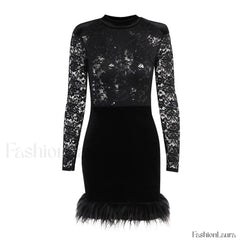 High Neck Long Sleeve Floral Lace Panel Trim Mini Dress Black Party Dresses L