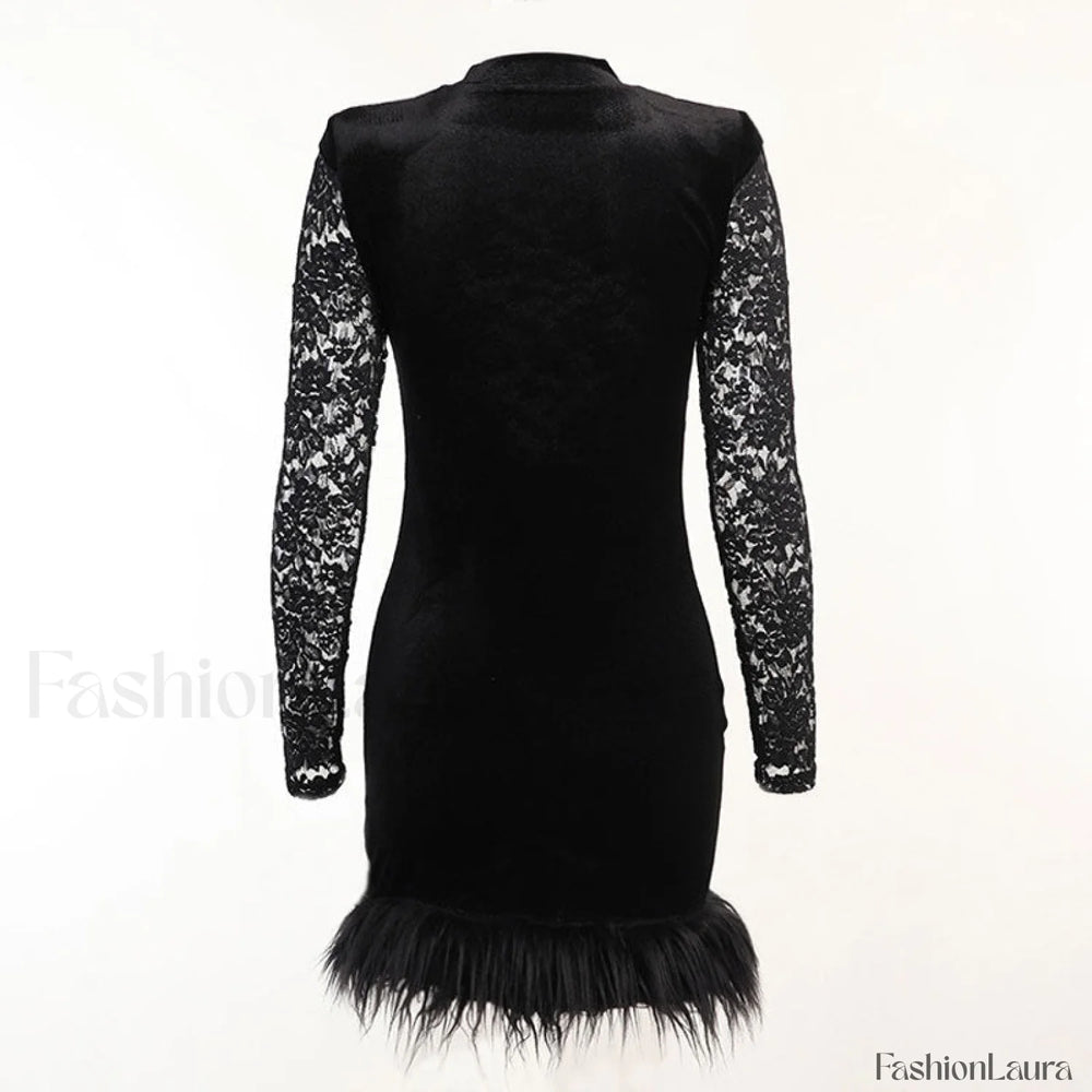 High Neck Long Sleeve Floral Lace Panel Trim Mini Dress Black Party Dresses L