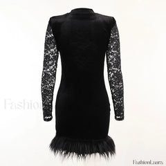 High Neck Long Sleeve Floral Lace Panel Trim Mini Dress Black Party Dresses L