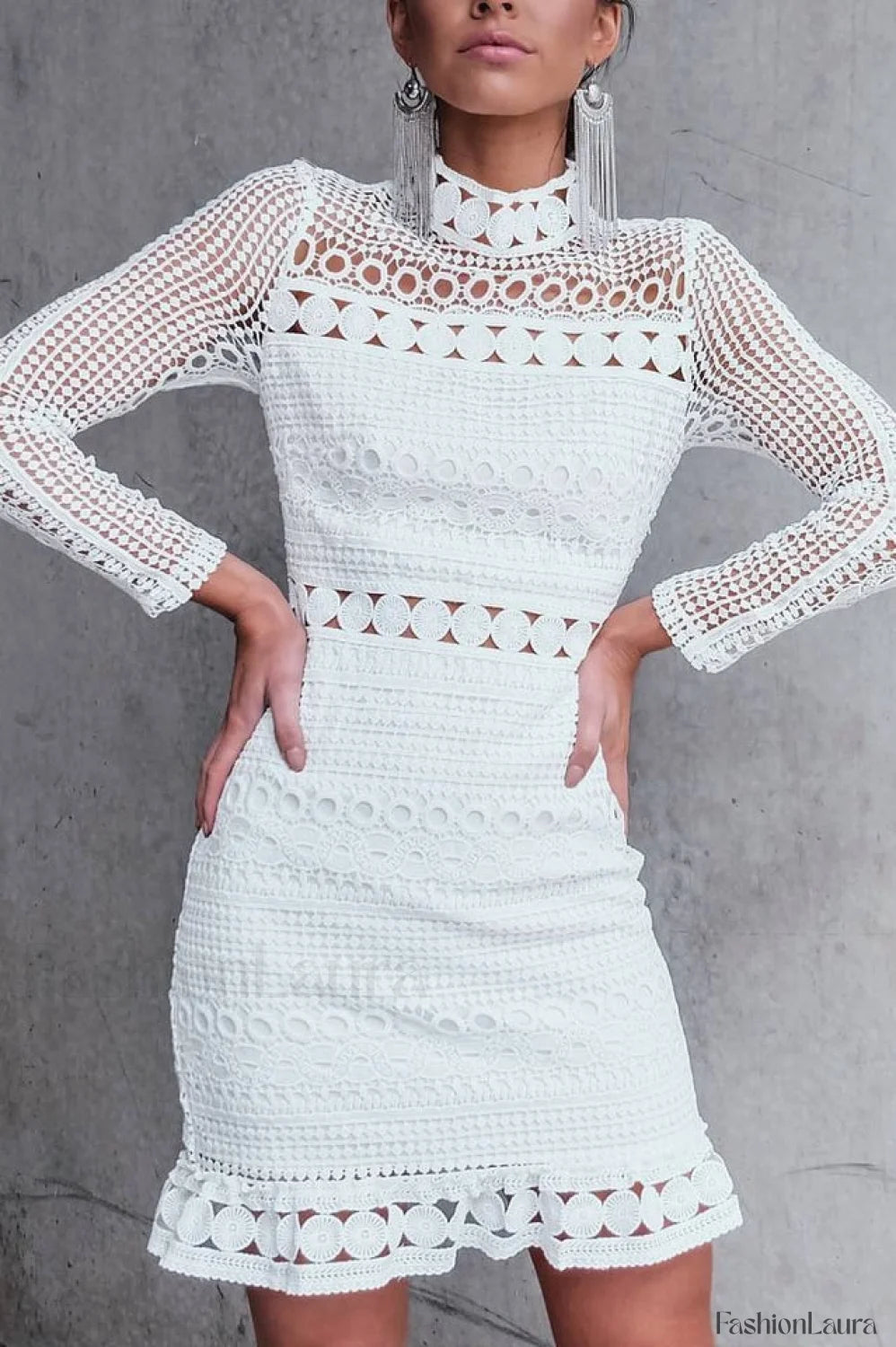 High Neck Short Charming Tight White Lace Dress