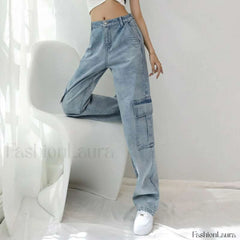 High Street Retro Trendy Loose And Wide Jeans Blue cropped trousers / S women clothing