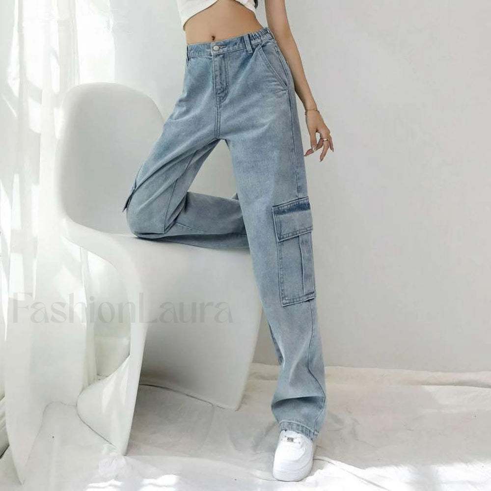 High Street Retro Trendy Loose And Wide Jeans Blue cropped trousers / S women clothing