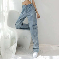 High Street Retro Trendy Loose And Wide Jeans Blue cropped trousers / S women clothing