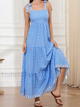 High Waist Tie Strap Print Maxi Dress navy / S