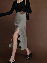 High waist Tweed Wavy Trendy Split Midi Skirt Camel / XS Skirts