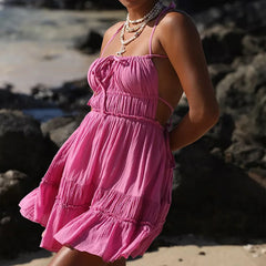 Solid Color Casual Ruffle Spaghetti Strap Backless Slip A Line Dress Pink / S