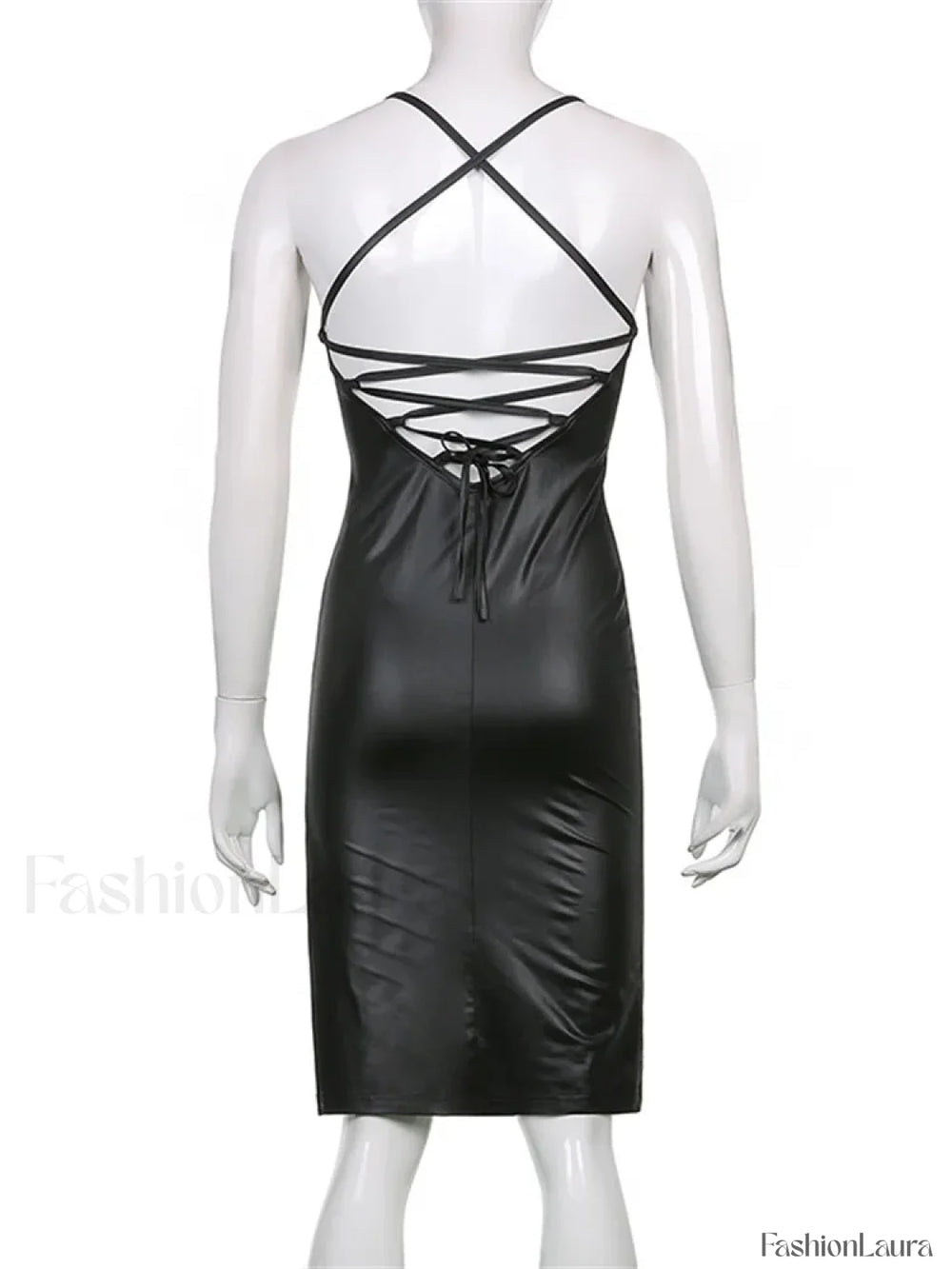 Hirigin PU Leather Black Party Halter Backless Bandage Club Slit Midi Dress