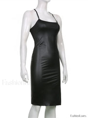 Hirigin PU Leather Black Party Halter Backless Bandage Club Slit Midi Dress