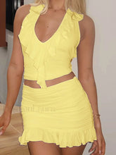 Holiday Ruffles V Neck Halter Mini Skirt Two Piece Set Yellow / S