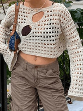 Hollow Out Long Sleeve Knit Crop Top Beige / S Tops&Tees