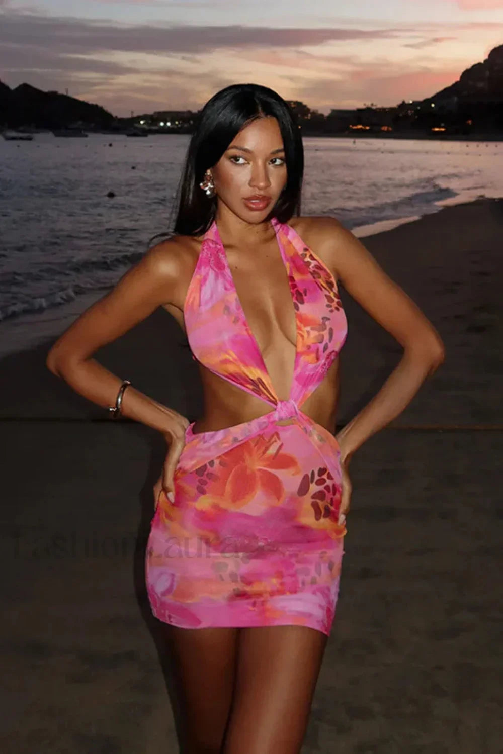 Hollow Print Halter Beach Vacation Floral Dress Pink / XS