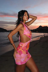 Hollow Print Halter Beach Vacation Floral Dress