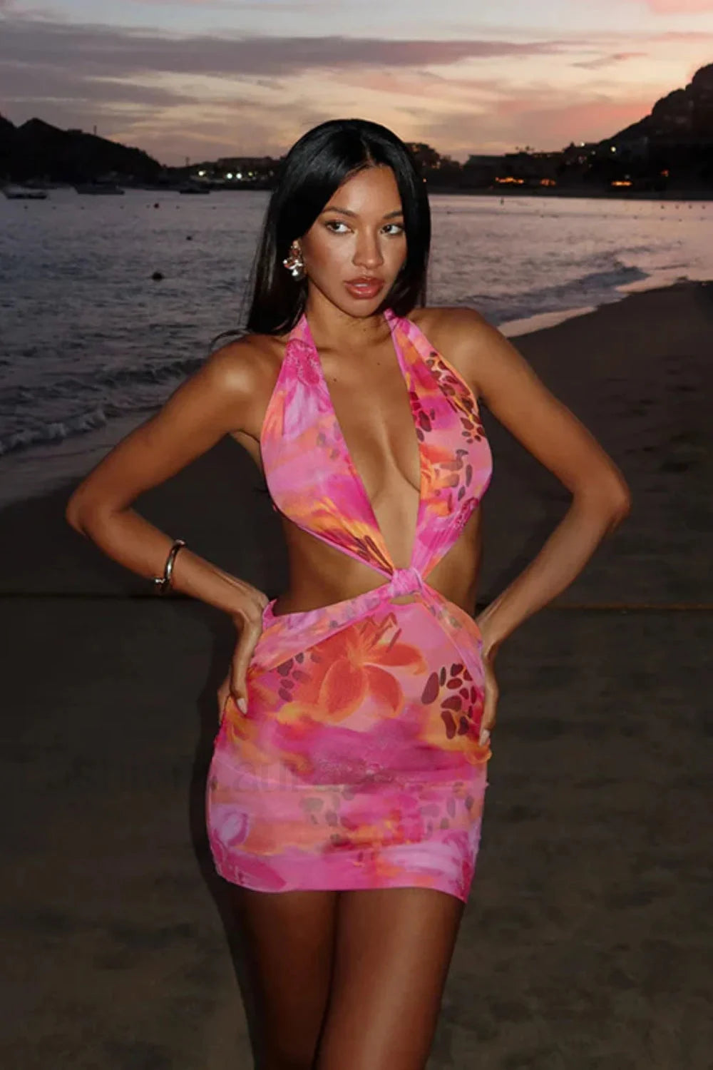 Hollow Print Halter Beach Vacation Floral Dress Pink / XS