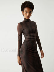 Illusion Tulle Print Mock Modern Neck Mesh Midi Dress Dresses